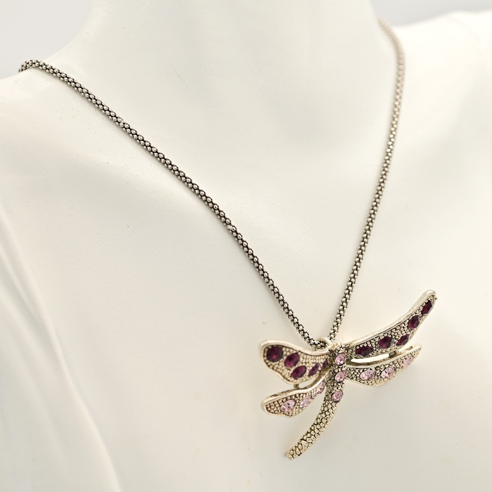 Vintage Original Sterling Silver Pink Gemstone Dragonfly Pendant Estate Necklace