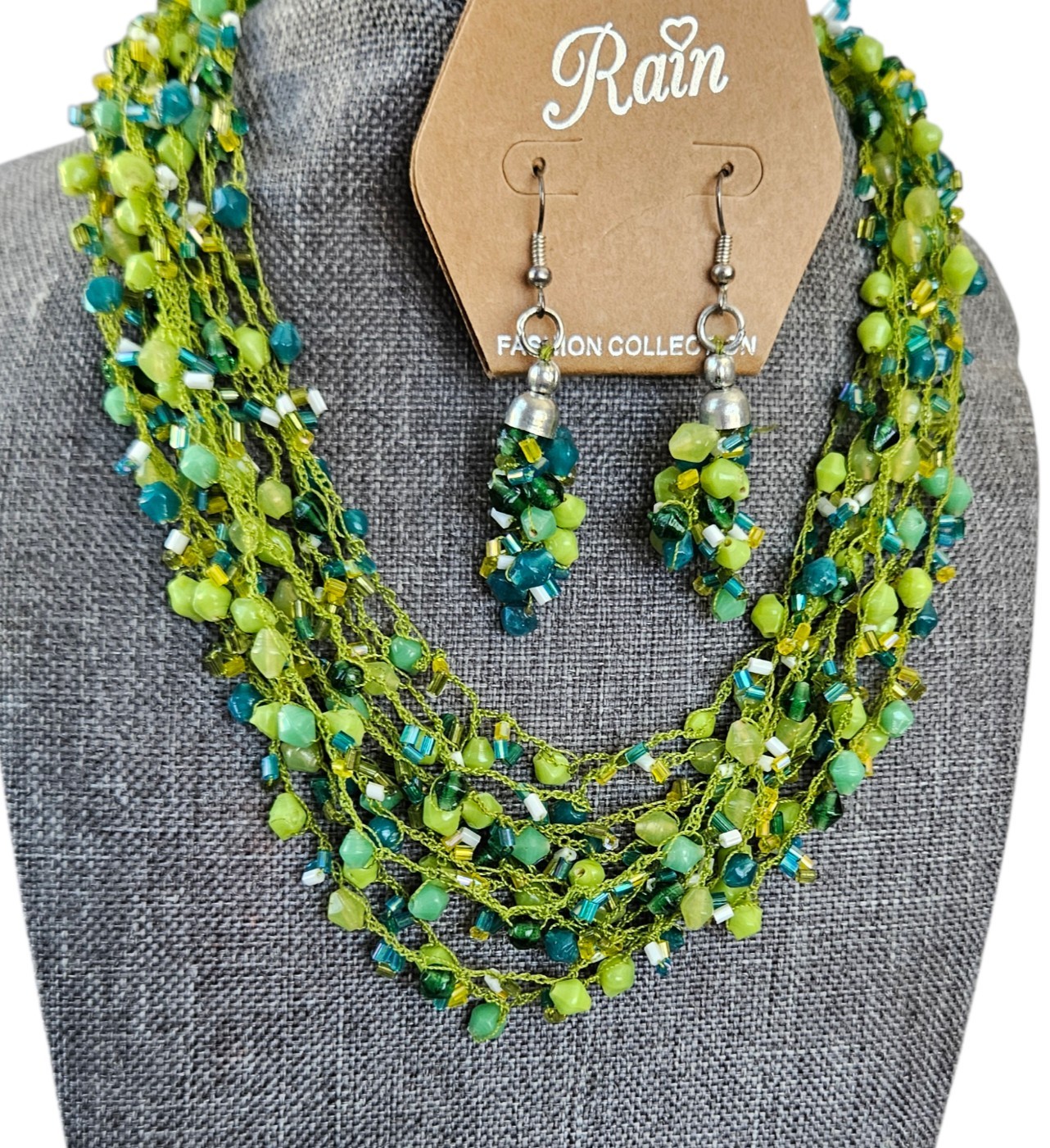 VTG Rain Beaded Necklace Multi Strand Cluster Hook Earrings Set Silver Green Lot