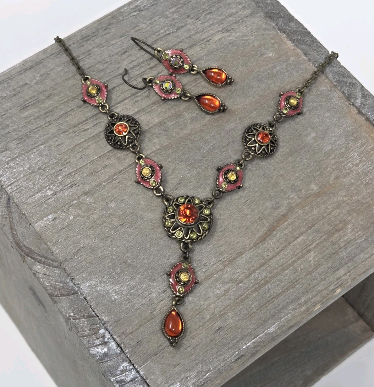 Orange Pink Yellow Y-Drop Necklace & Earring Set Rhinestones Enamel Bronze Tone