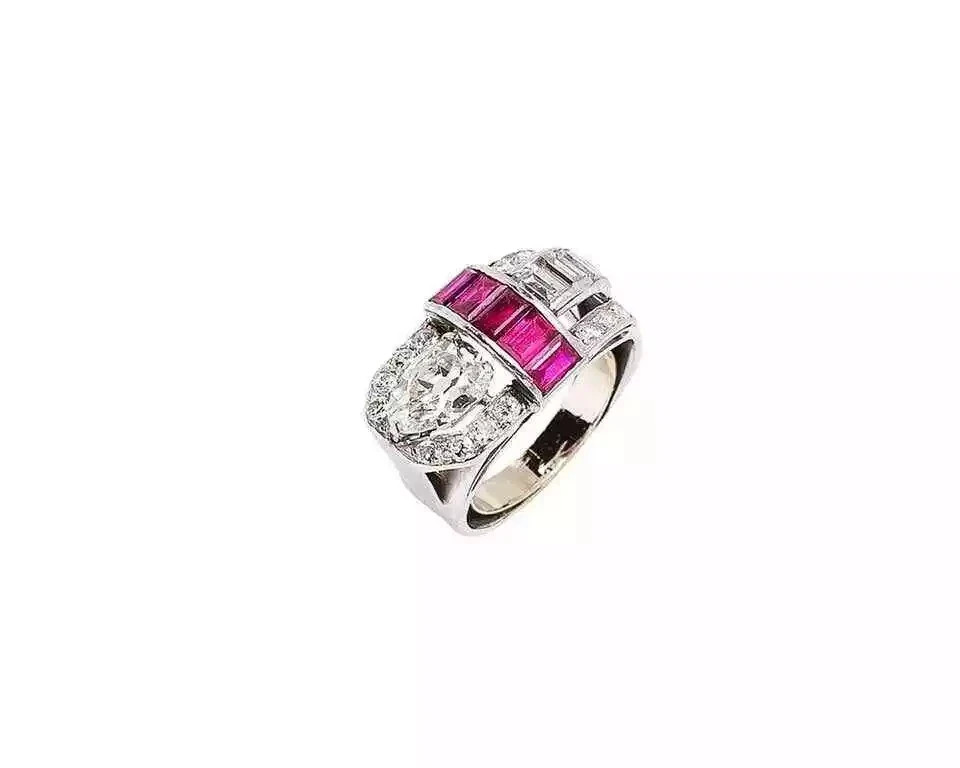 Art Deco Style Lab Created Ruby & Diamond Engagement Gift 14K White Gold FN Ring