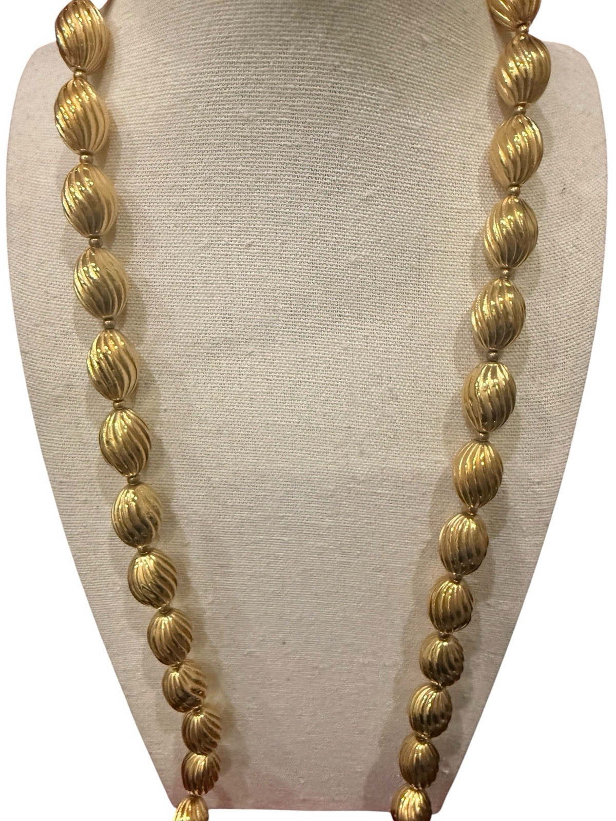 Signed Crown Trifari Vintage Gold Tone Ribbed Oval Bead Opera Long Necklace