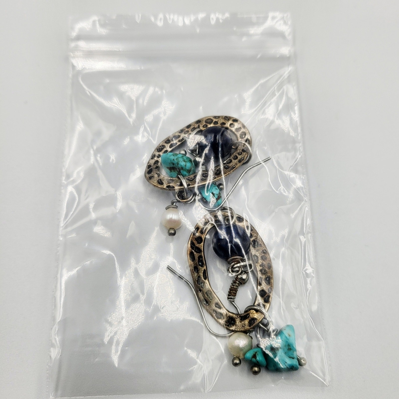 Vintage Antique Boho Silver Turquoise Pearl Beaded Stone Hammered Earrings Pair
