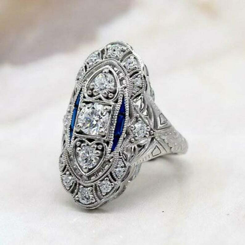Art Deco Style Lab-Created Diamond & Sapphire Engagement Ring 14K White Gold FN