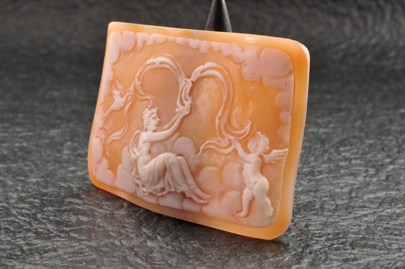 Vintage square shell cameo “Angels and goddesses”, (77.0ct) sign by artist box.