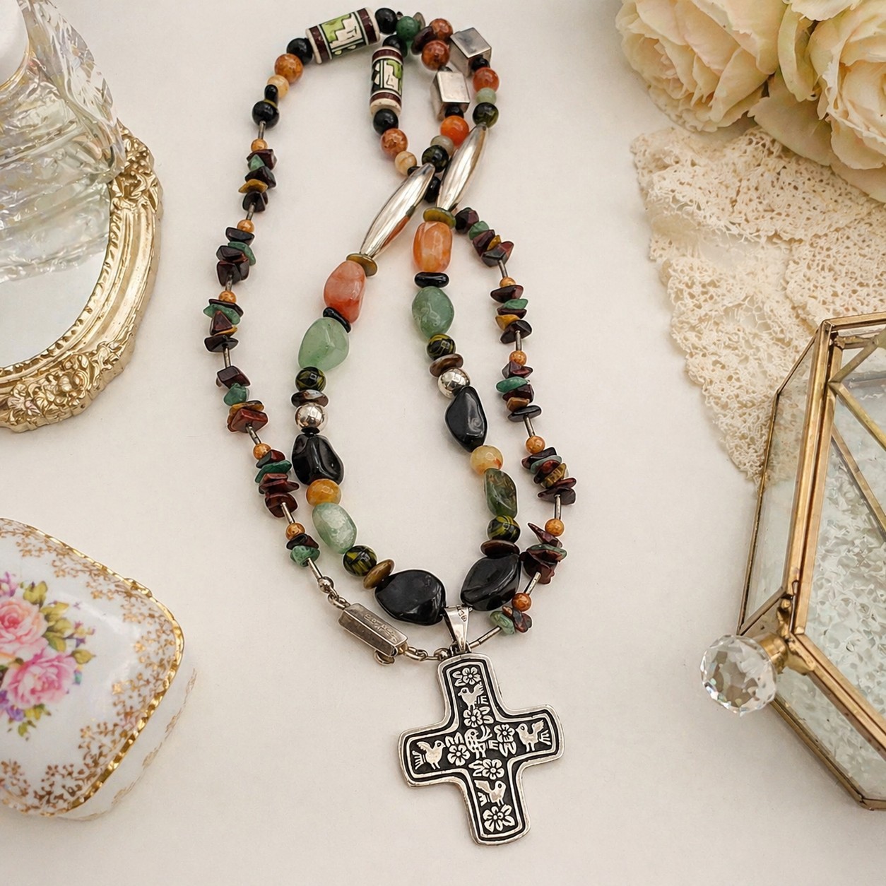 VTG Taxco Mexico Sterling Silver Cross Necklace 30” TW-97 925 Multi Stone 84.5g