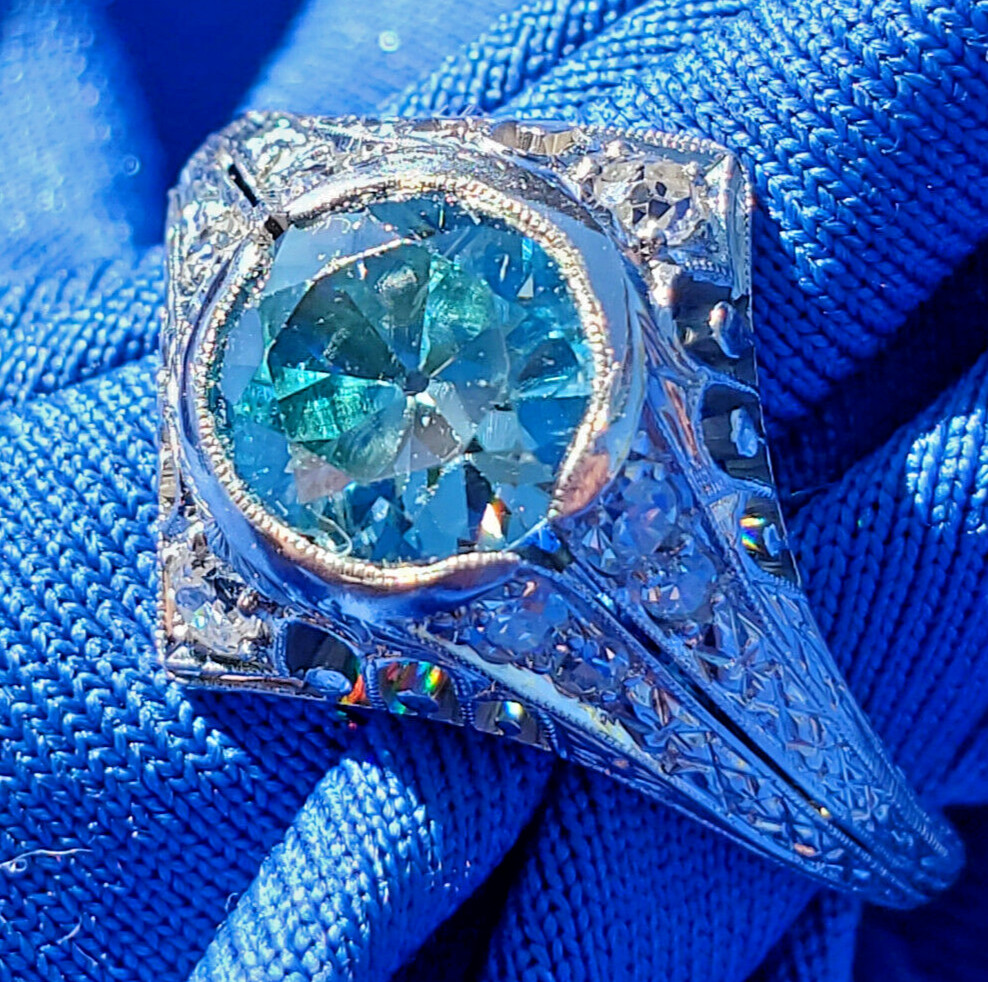 NATURAL EARTH MINED Blue Zircon DIAMOND PLATINUM ORIGINAL DECO Engagement Ring 8