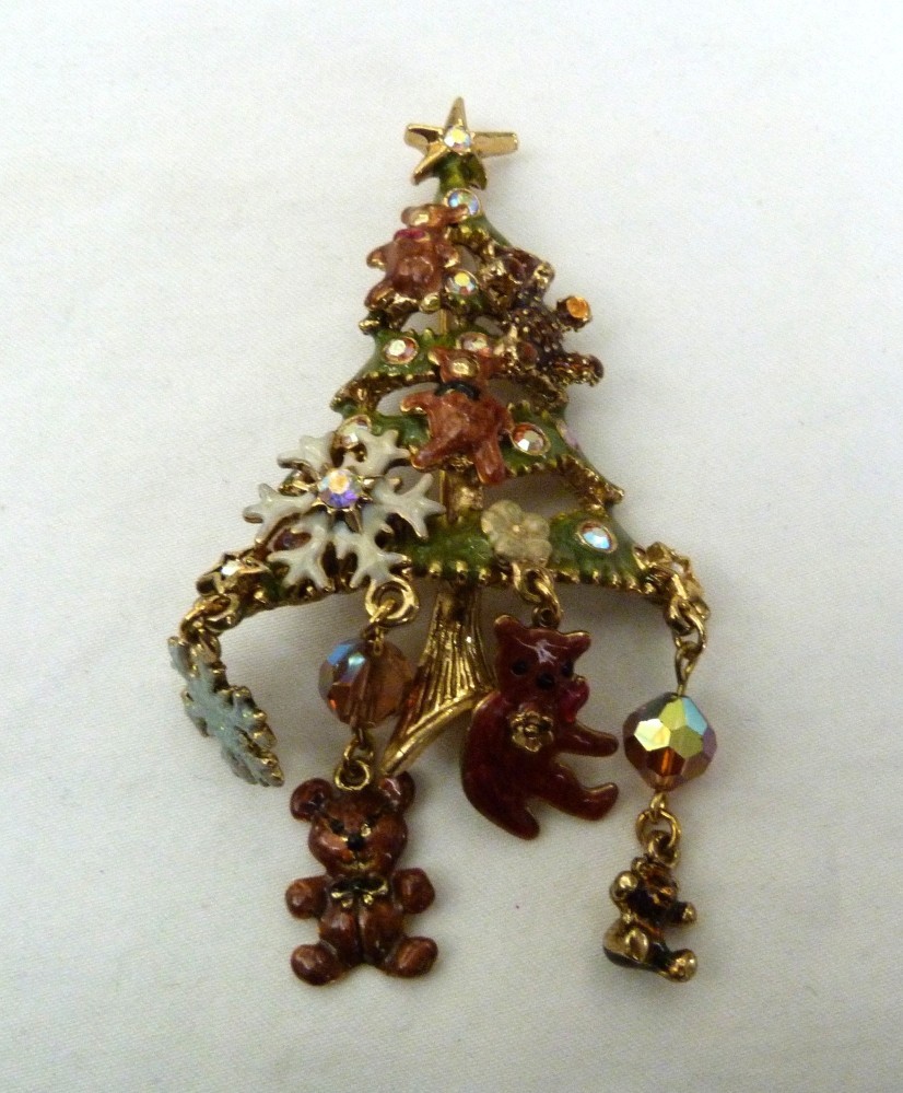 3 1/2″ KIRKS FOLLY ENAMEL DANGLE TEDDY BEARS SNOWFLAKE CHARMS CHRISTMAS TREE PIN
