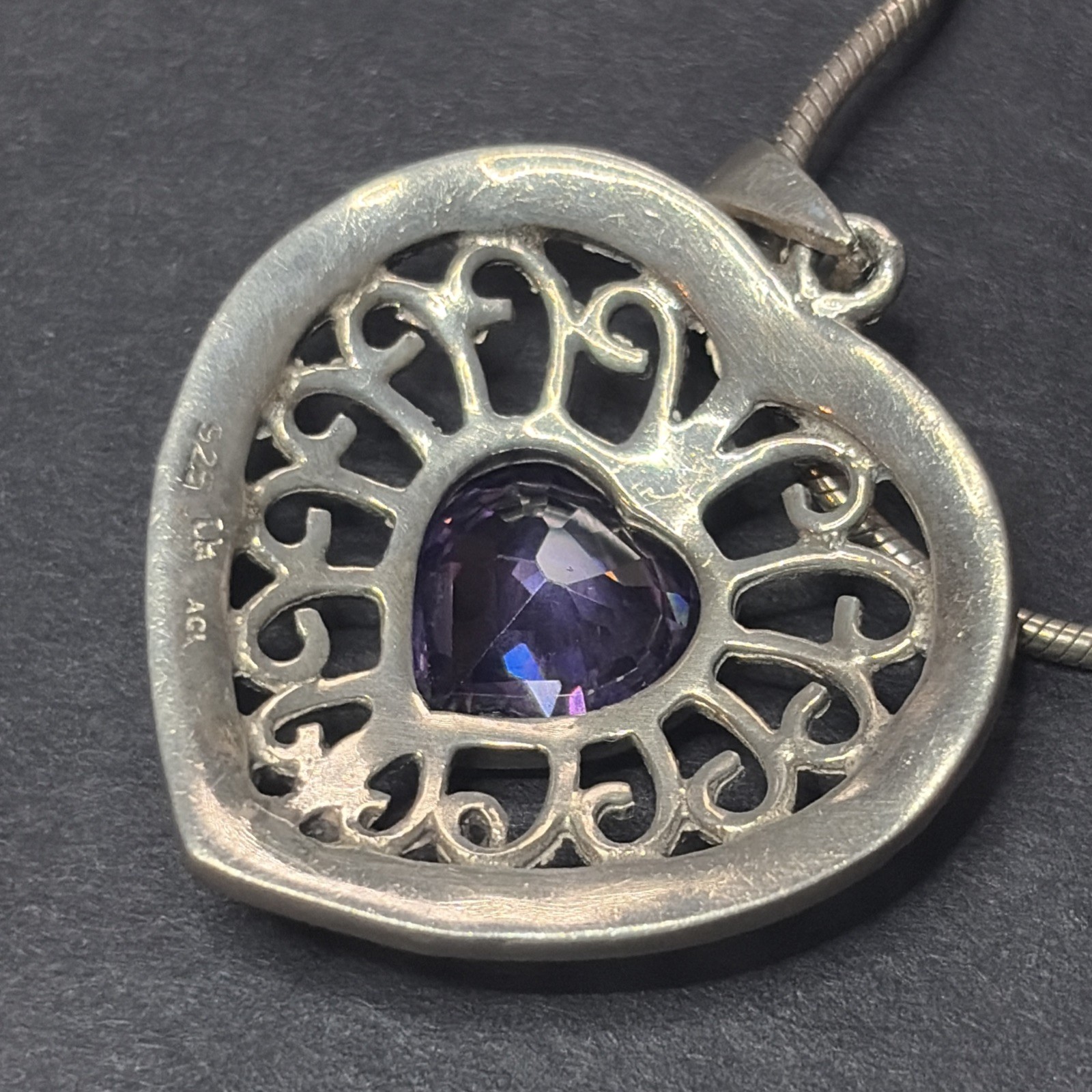 Vintage Sterling Silver Amethyst Heart Necklace Signed AGI 925 22”