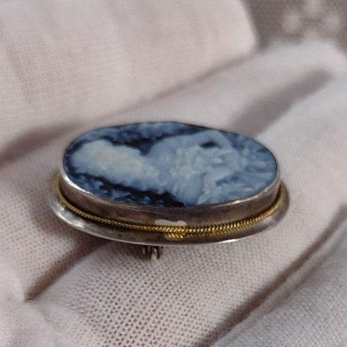 Cameo Sterling Silver 925 Italy Azure Agate Pendant Brooch 1121 NA Rare Hair