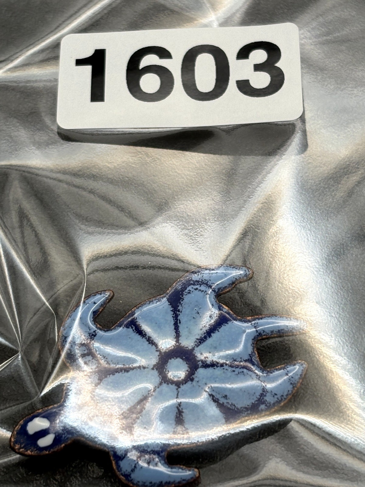 Vintage Copper Abstract Sea Turtle Two Tone Blue Enamel Art Brooch Pin Beach