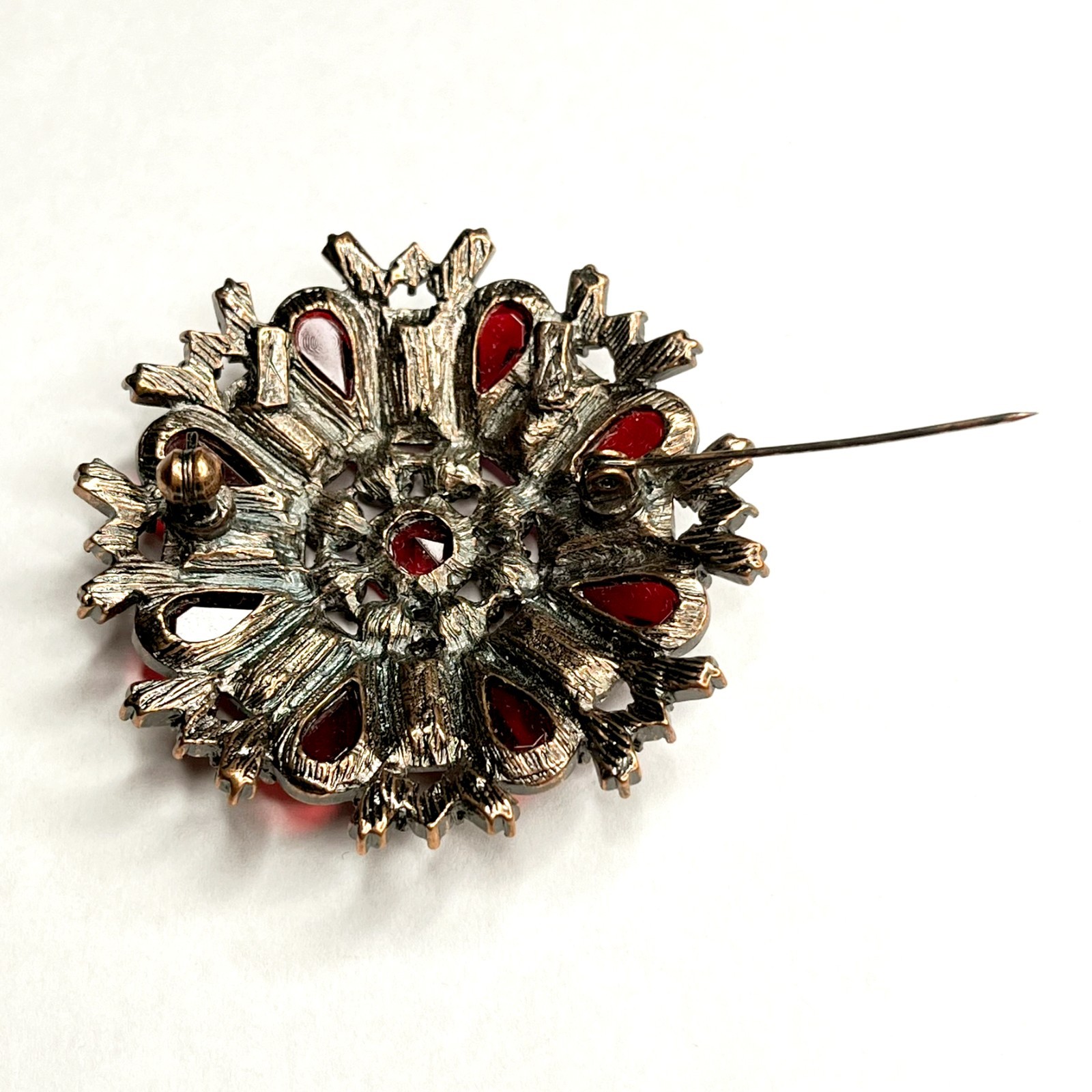 VTG Large Flower Snowflake Brooch Pin Red Fuchsia Pink Purple Glass Rhinestones