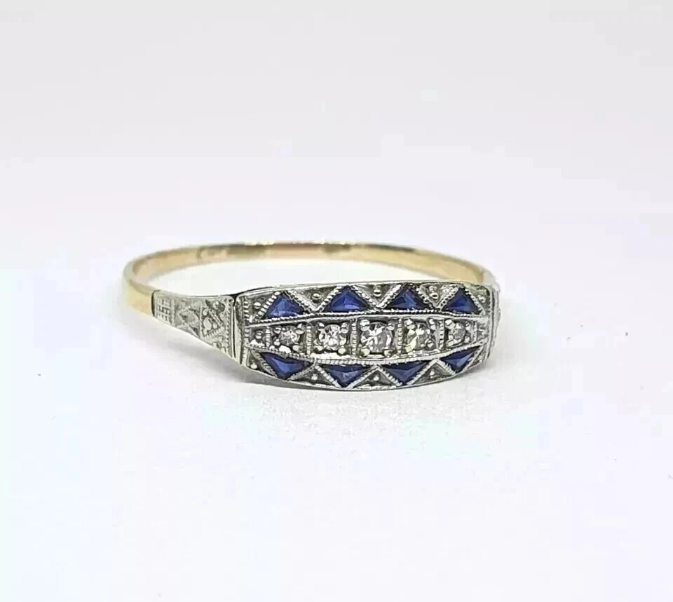 Art Deco Vintage Style Lab-Created Diamond Sapphire 14k Gold FN Engagement Ring