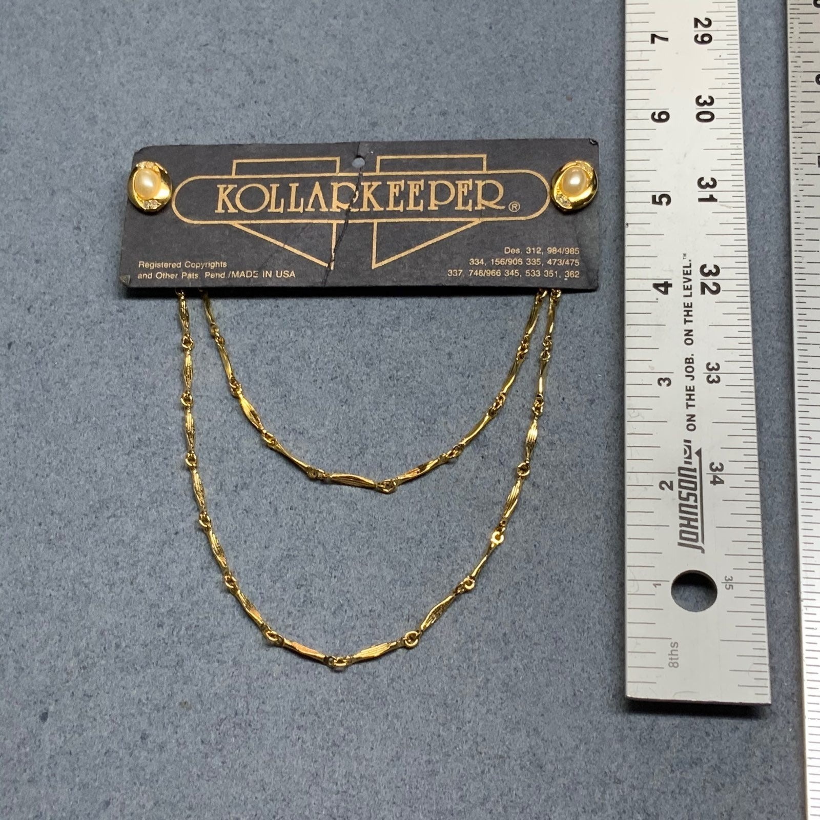 Vintage KollarKeeper Collar Clips Gold Double Chain Pearl Rhinestone New On Card