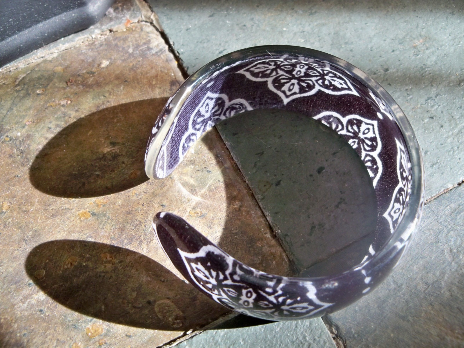 bracelet clear transparent jewelry cuff plastic resin inlay fabric black white