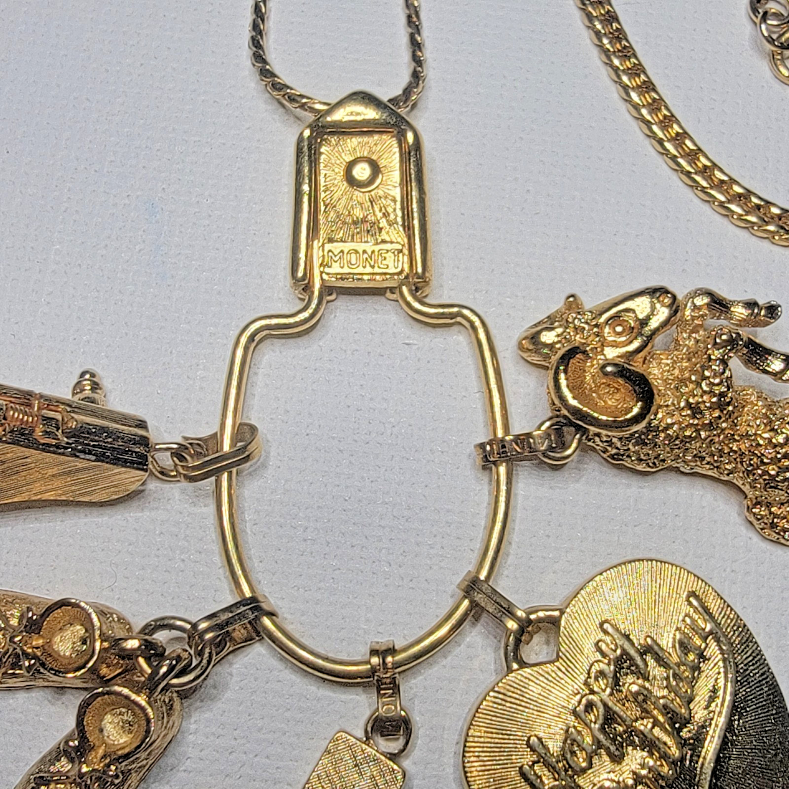 VTG 1970s MONET Gold-Tone CHARM Holder Necklace Texas Ram Piano Birthday Shoes