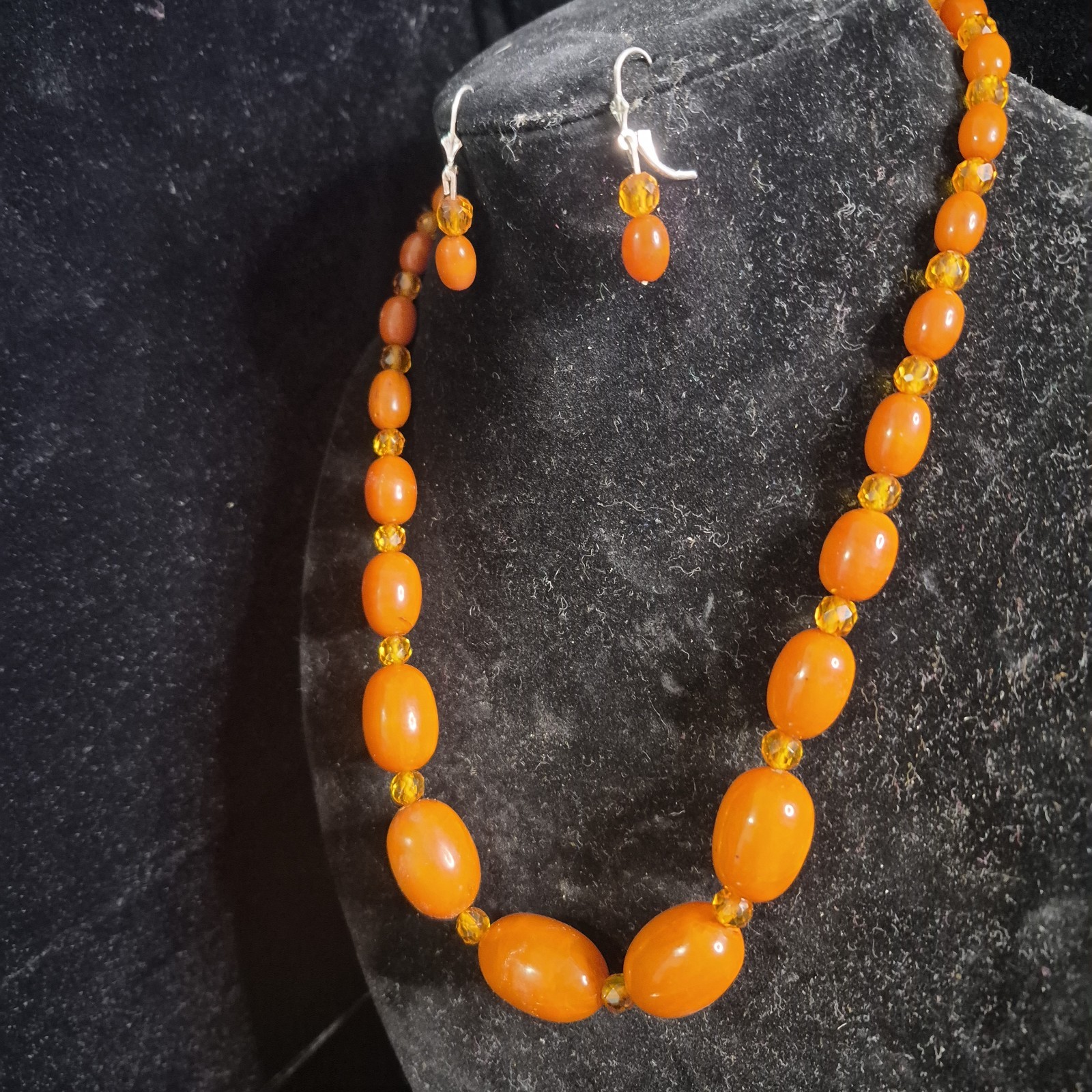 Vtg Butterscotch Bakelite Beeded Necklace and Earrings Set Sterling Silver Clasp
