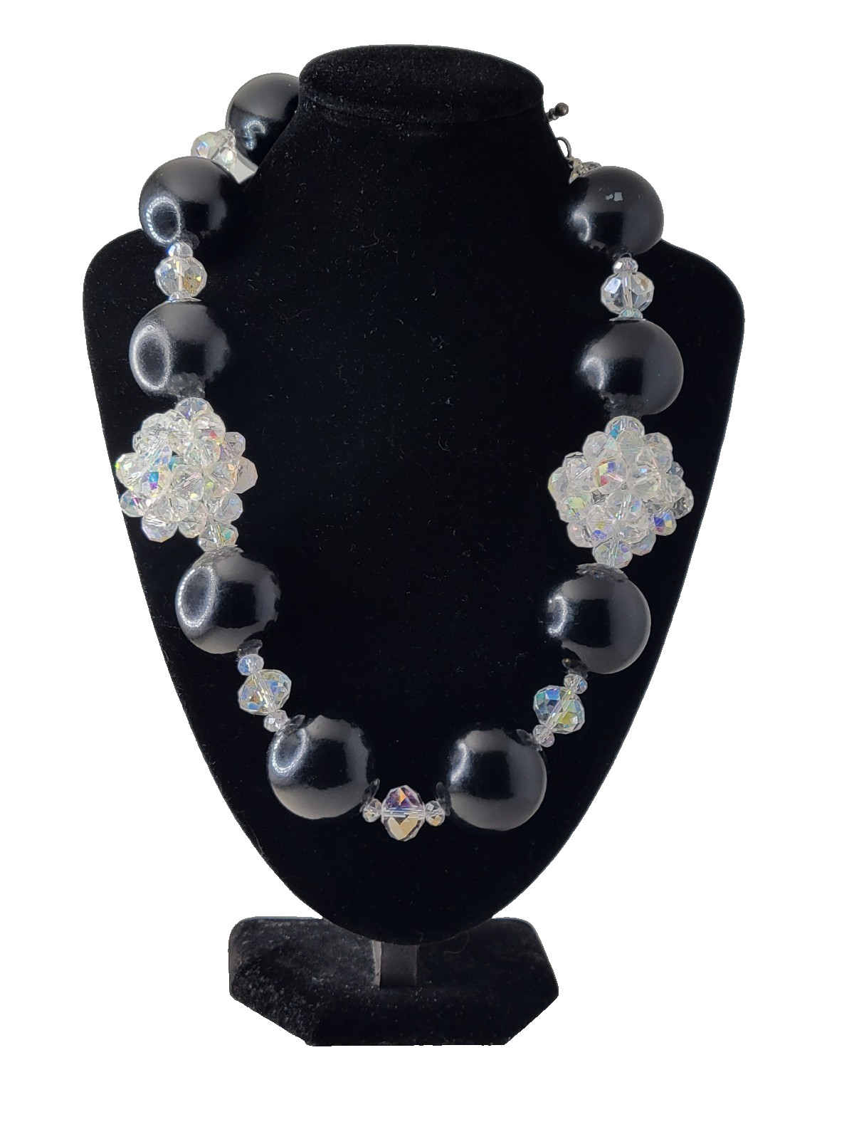 VTG DaVinci Necklace Black Spheres w Iridescent Crystal Clusters STATEMENT YES!