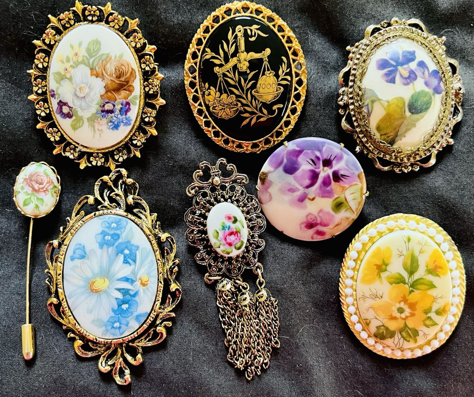Vtg Estate Cameo Jewelry Artisan Painted Floral Romantic Victorian Revival Lot