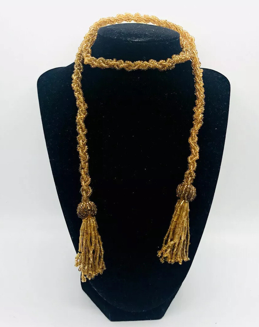 Art Deco Topaz Beaded & Woven Topaz Glass Necklace Flapper Vintage Jewelry