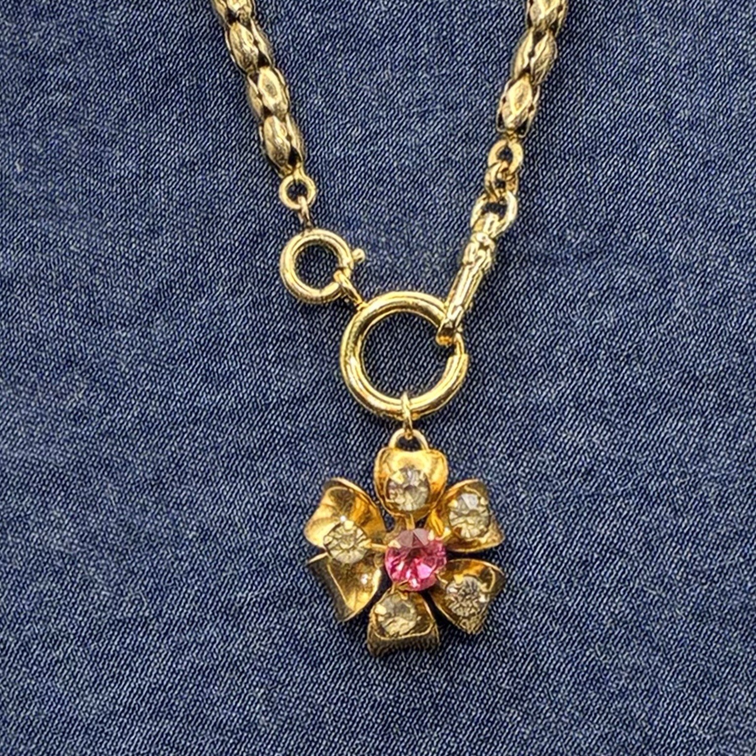 Vintage 12k Gold Filled Pocket Watch Sugar-Puff Link Chain FOB Dog Clip,Pink Gem