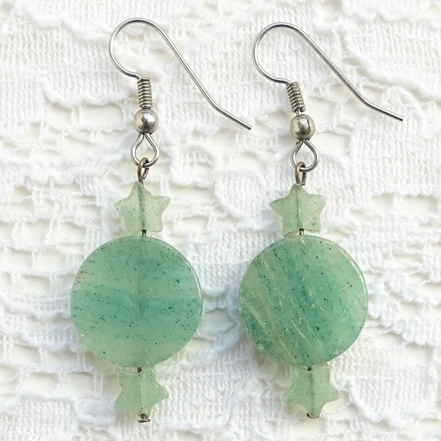 Vtg Green Chrysoprase Gemstone Celestial Dangle Pierced Earrings Moon Stars 2″