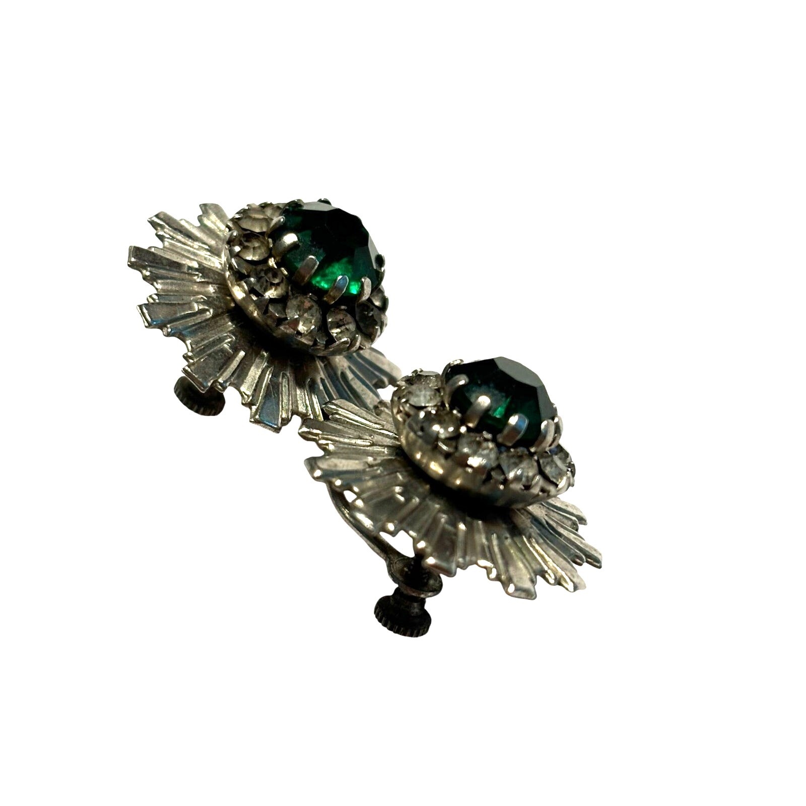 Vintage screw back earrings textured silvertone & deep green rhinestone centers