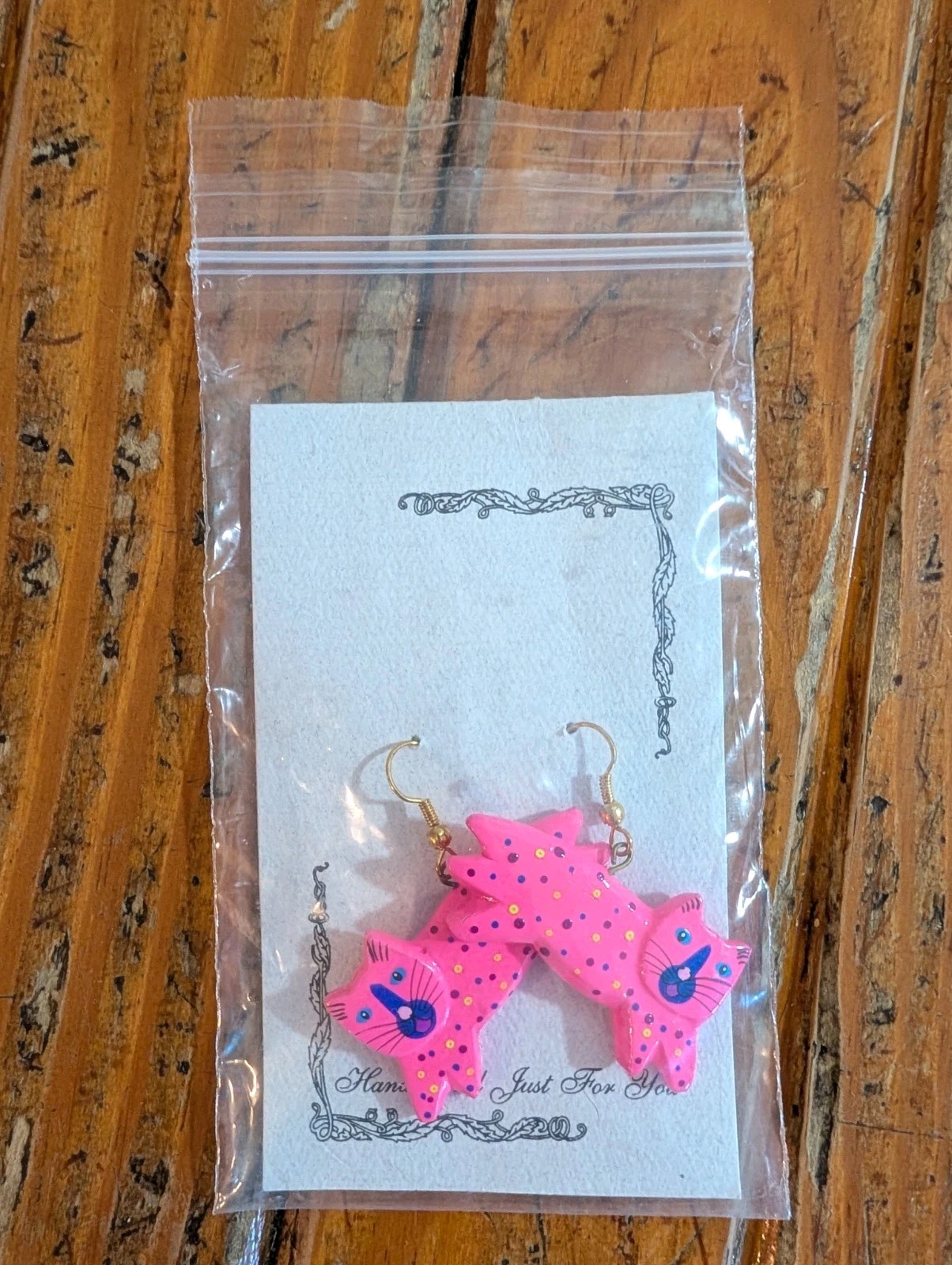 Pierced Earrings Hot Pink Cat Neon Spots Hand Painted Wood Charm Vintage New