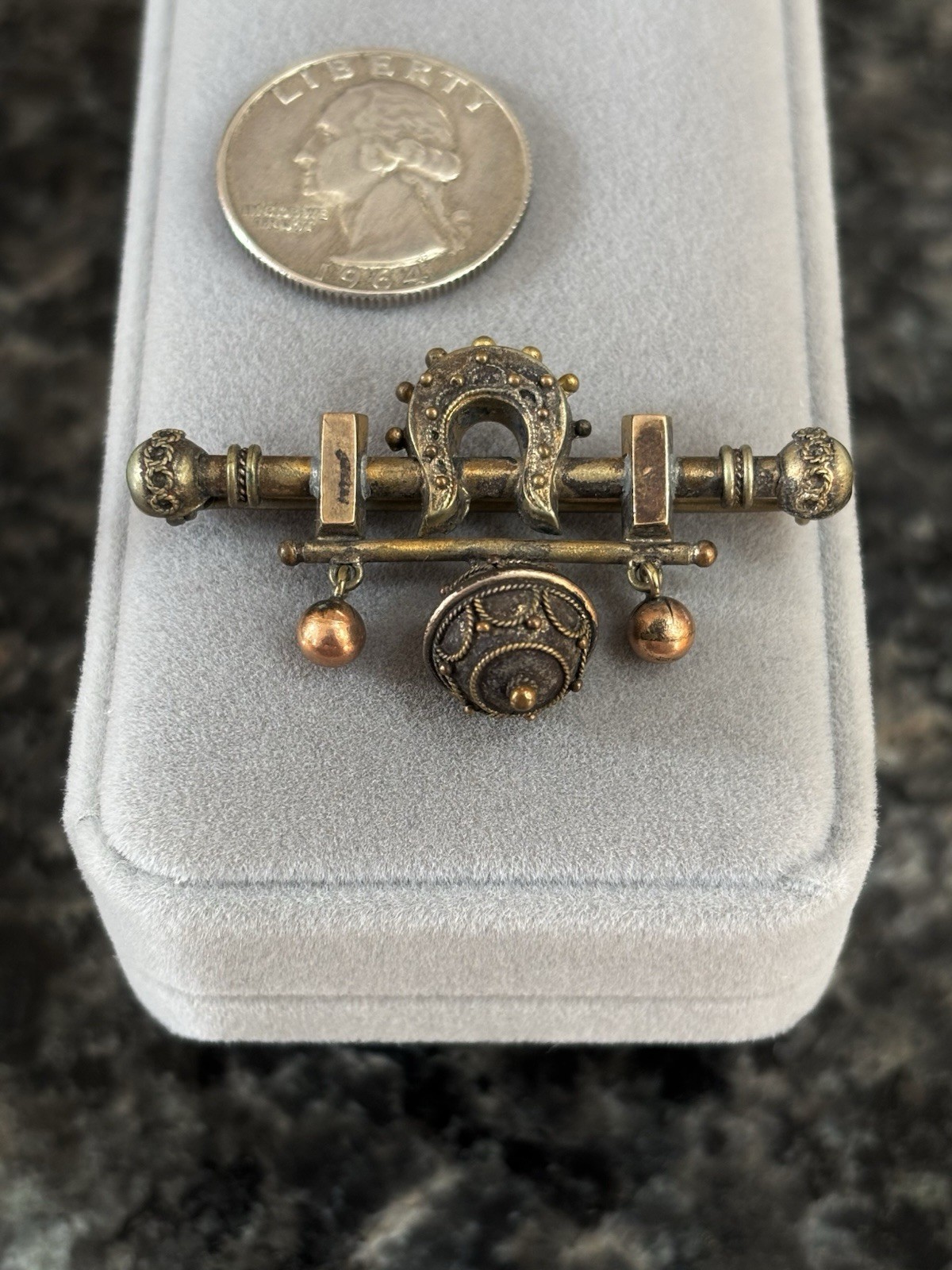 Antique Victorian Etruscan Horseshoe Rolled Gold Dangle Ball Brooch Pin Very Old