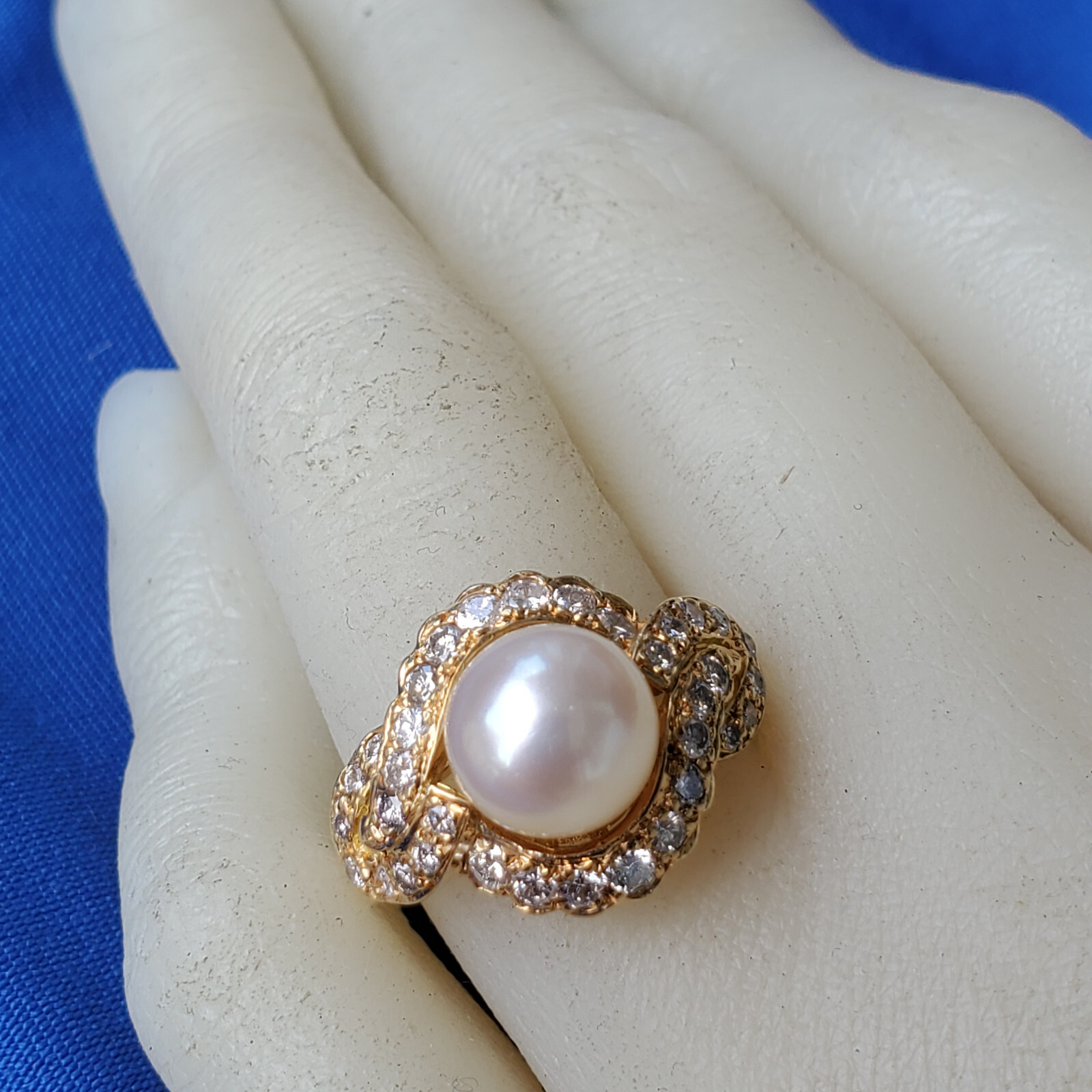 Original EARTH MINED DIAMOND Pearl Deco Engagement Ring Statement SOLID 18K GOLD