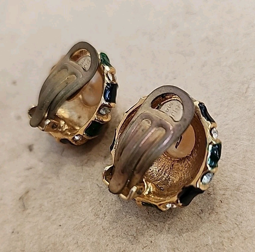 Bijoux ELFC Signed ITALY Clip-On Earrings Faux Pearl MISSING STONES see pictures