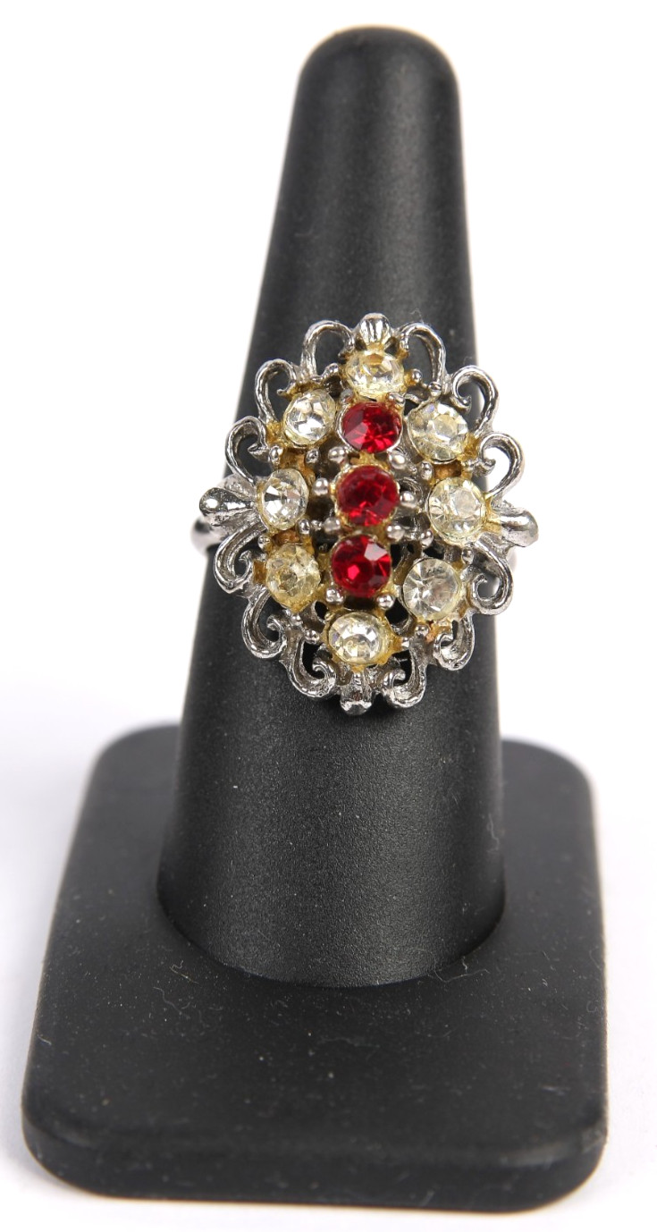 Vintage Signed Vogue Red & Clear Rhinestone Silver Tone Sz 7.5 Adjustable Ring