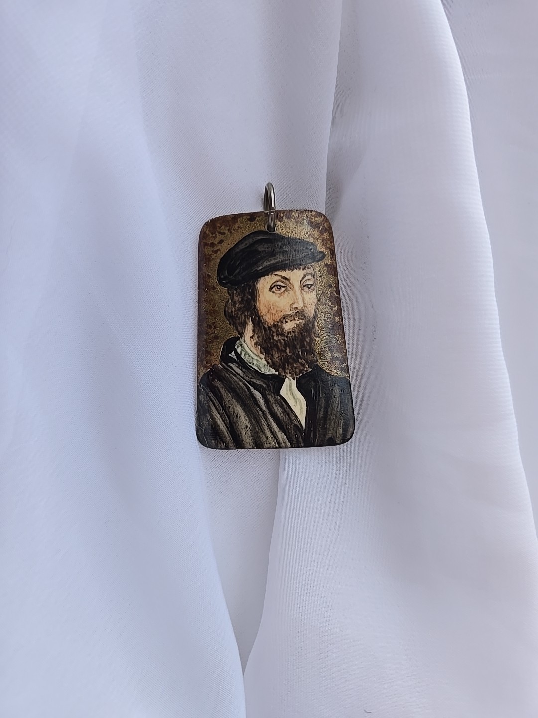 Vintage Polish Maja Witowiak Miniature Portrait Pendant Hand Painted Man Holbein