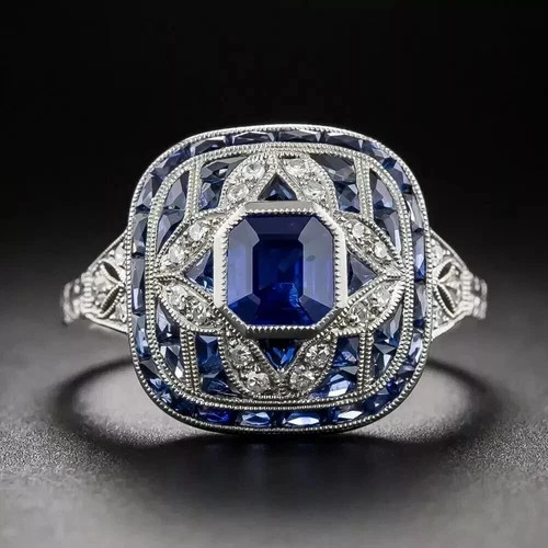 Classic Art Deco Style Emerald Lab Created Diamond 925 Silver Engagement Ring