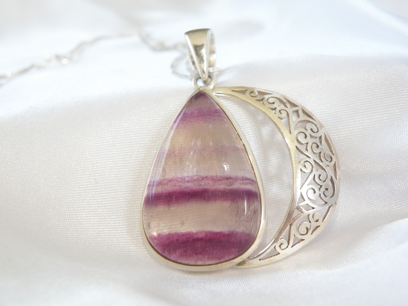 Large Sterling Silver 925 Fluorite Crescent Moon Pendant Necklace