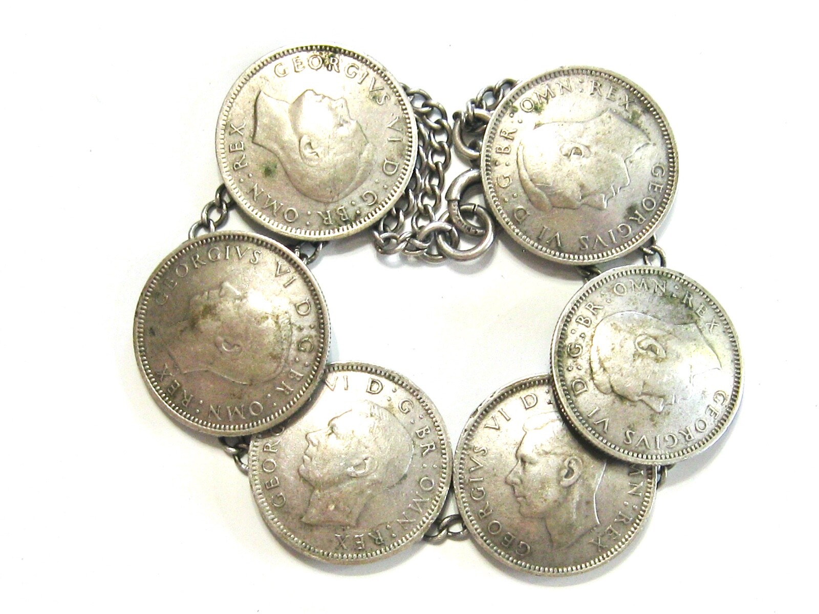 GOOD LUCK ENGLISH 1940’S 6 GREAT BRITAIN SIXPENCE COIN WEDDING LINE 7″ BRACELET