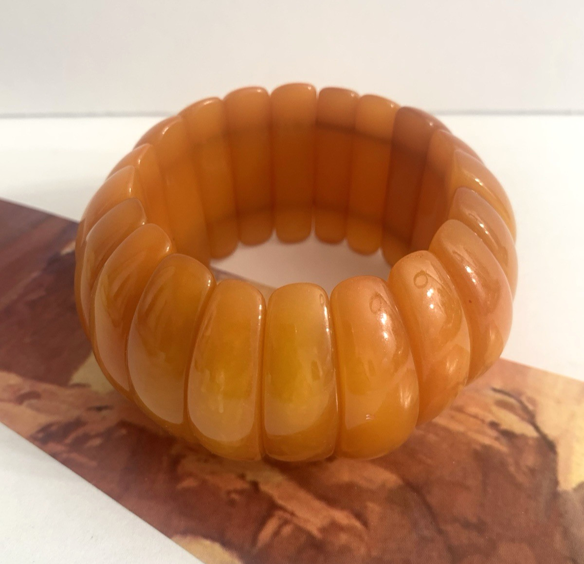 Vintage Marion Godart France Butterscotch Lucite Stretch Chunky Bangle Bracelet