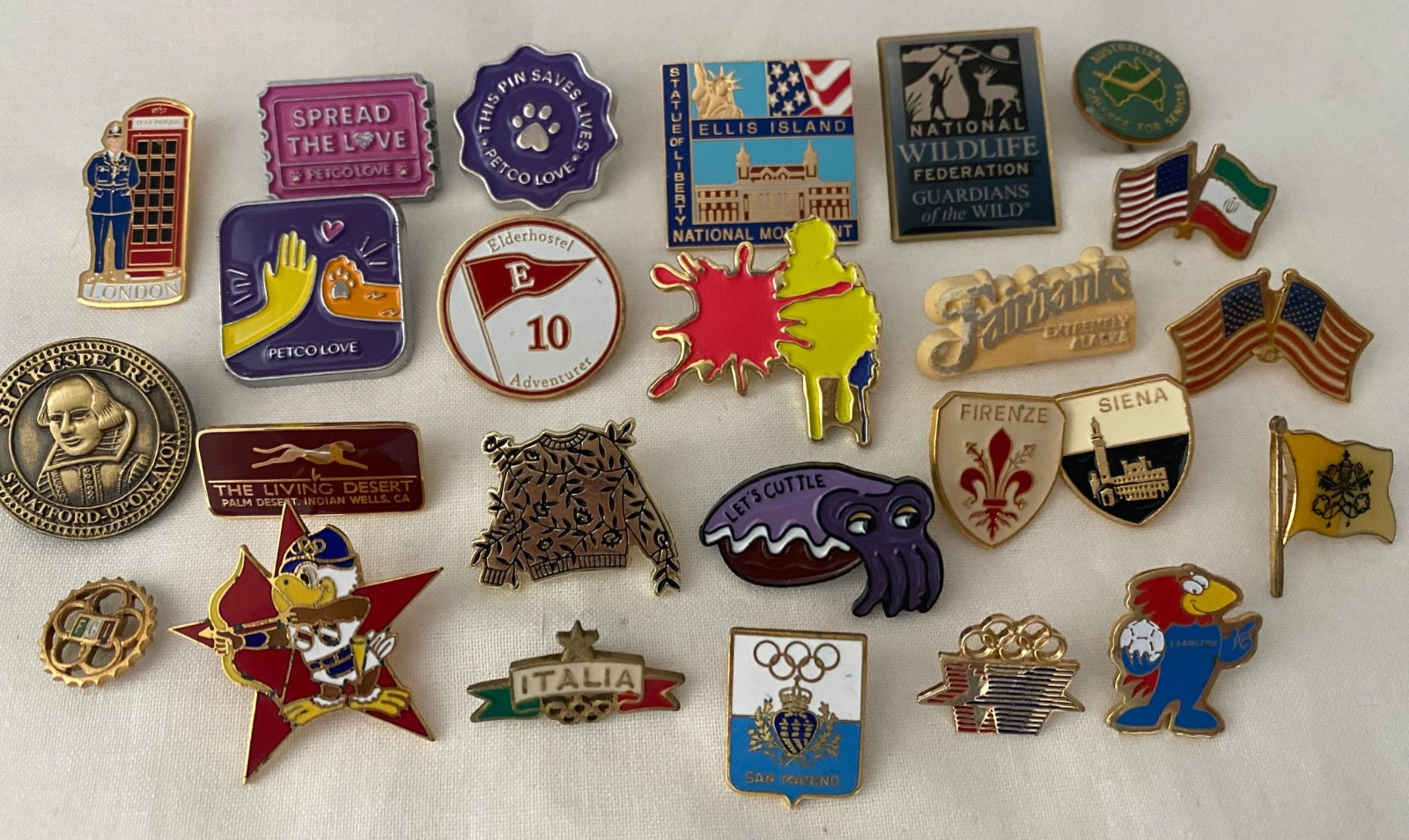 Mixed Lot 27 Vintage Lapel Pins Olympic 1984, Footix Fifa, Flags Games Cities