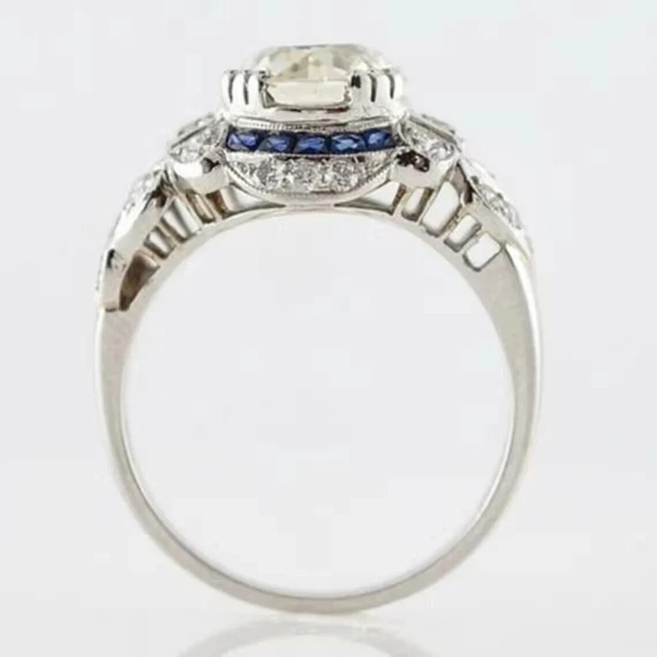 4.2Ct Art Deco Style Lab-Created Diamond Sapphire Wedding 14k White Gold FN Ring