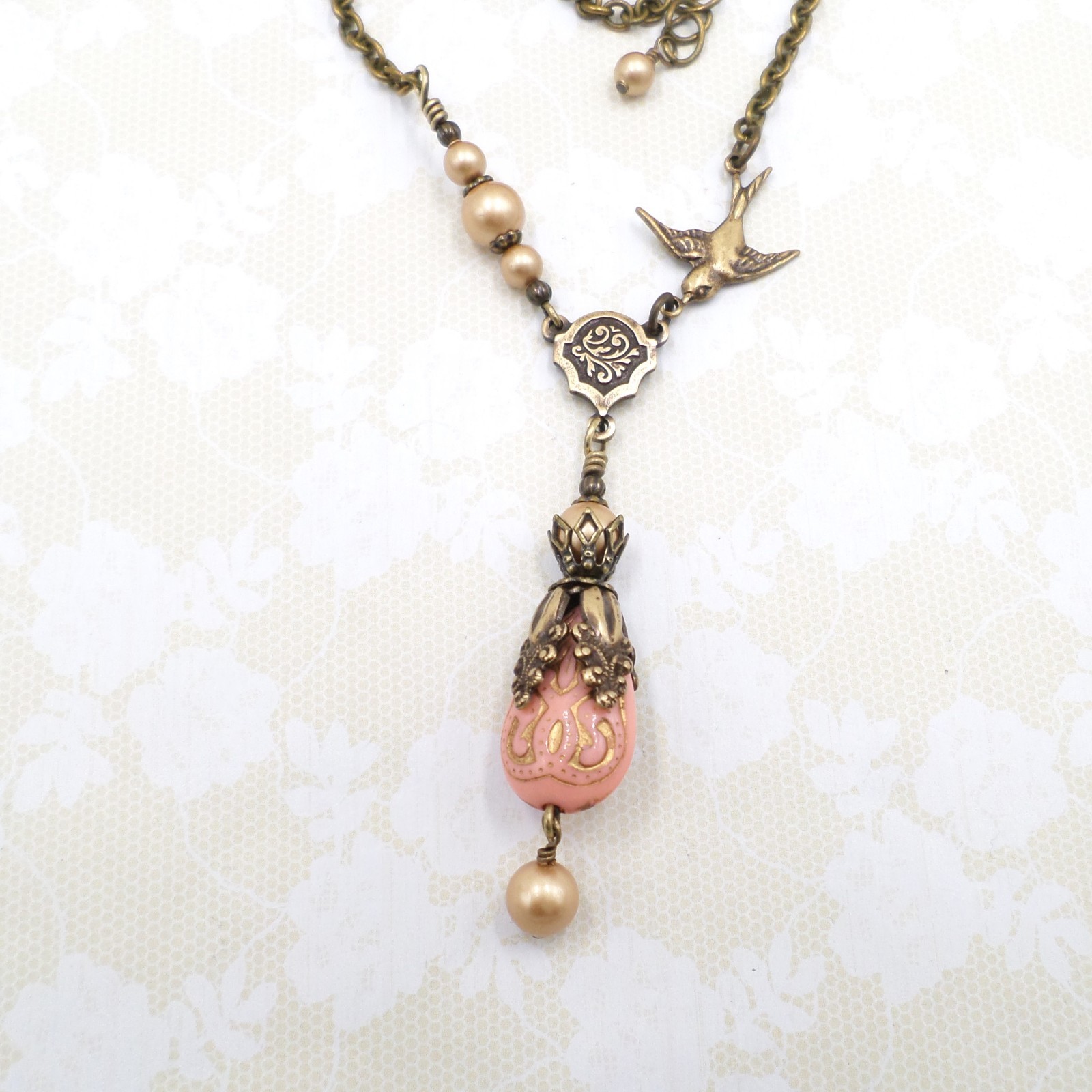 Victorian Style Brass Bird Necklace Pink Acrylic Bead Gold Pearl Handmade Unique