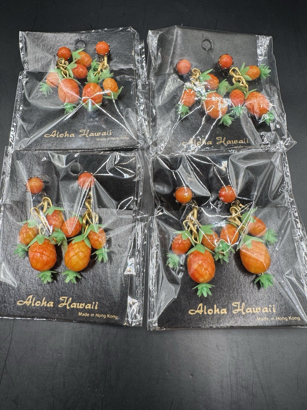 Vintage Aloha Hawaii Pineapple Dangle Earrings- IN ORIGINAL PACKAGING – Set of 4