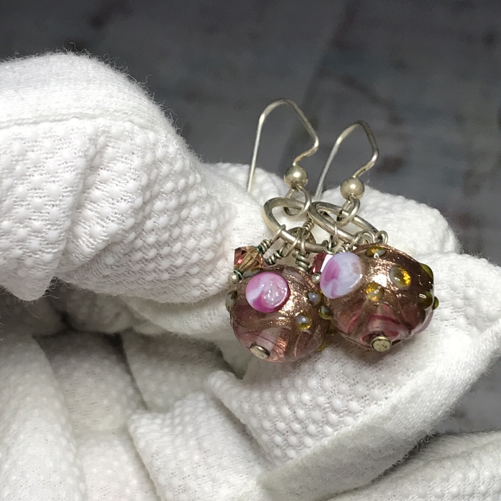 1.5” Drop BEAUTIFUL Murano Glass Venetian Wedding Cake Dangle Hook Pink EARRINGS