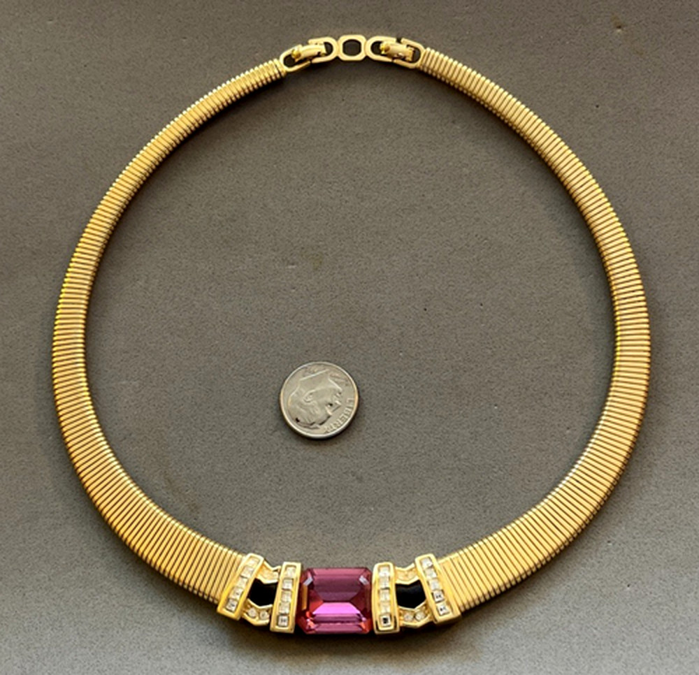 Vintage Christian Dior Pink Crystal Rhinestone Gold Tone Omega Collar Necklace