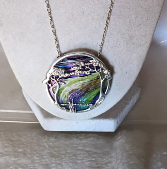 Scottish Pat Cheney/John Ditchfield Woodland Tree Sterling Poured Glass Necklace