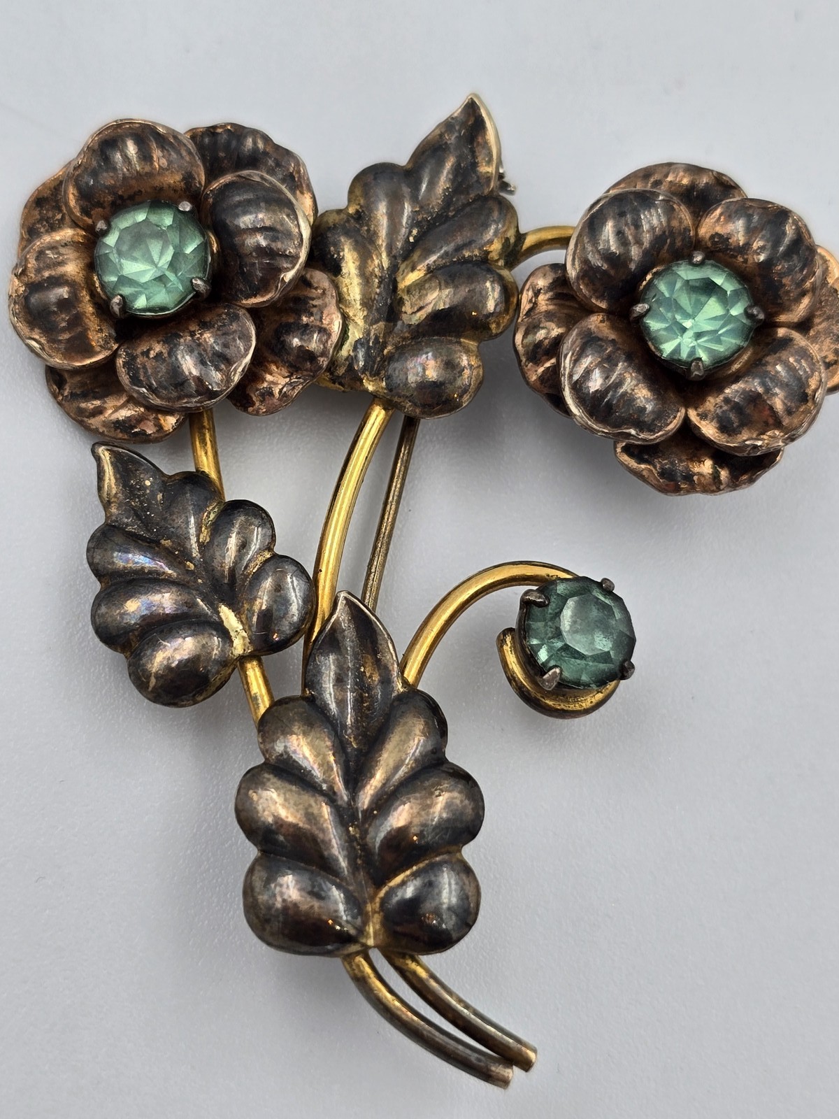Vintage Sterling Silver 1/20 12K Gold Filled Green Rhinestone Flower Brooch Pin