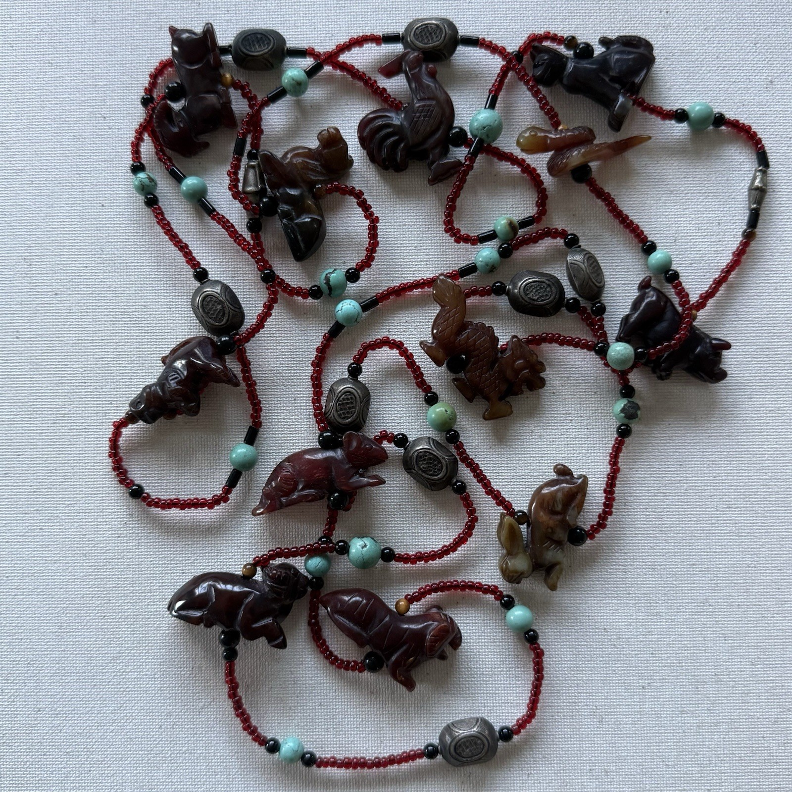 Vintage Fetish Hand-Carved 12 Gemstones Chinese Zodiac Symbols 78” Long Necklace