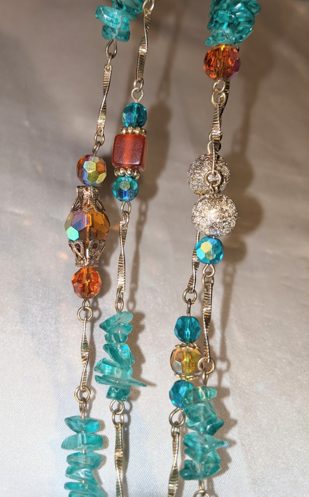 Vintage Bohemian Ethnic Long Necklace and Earrings Set AB Glass Beads Gold Tone