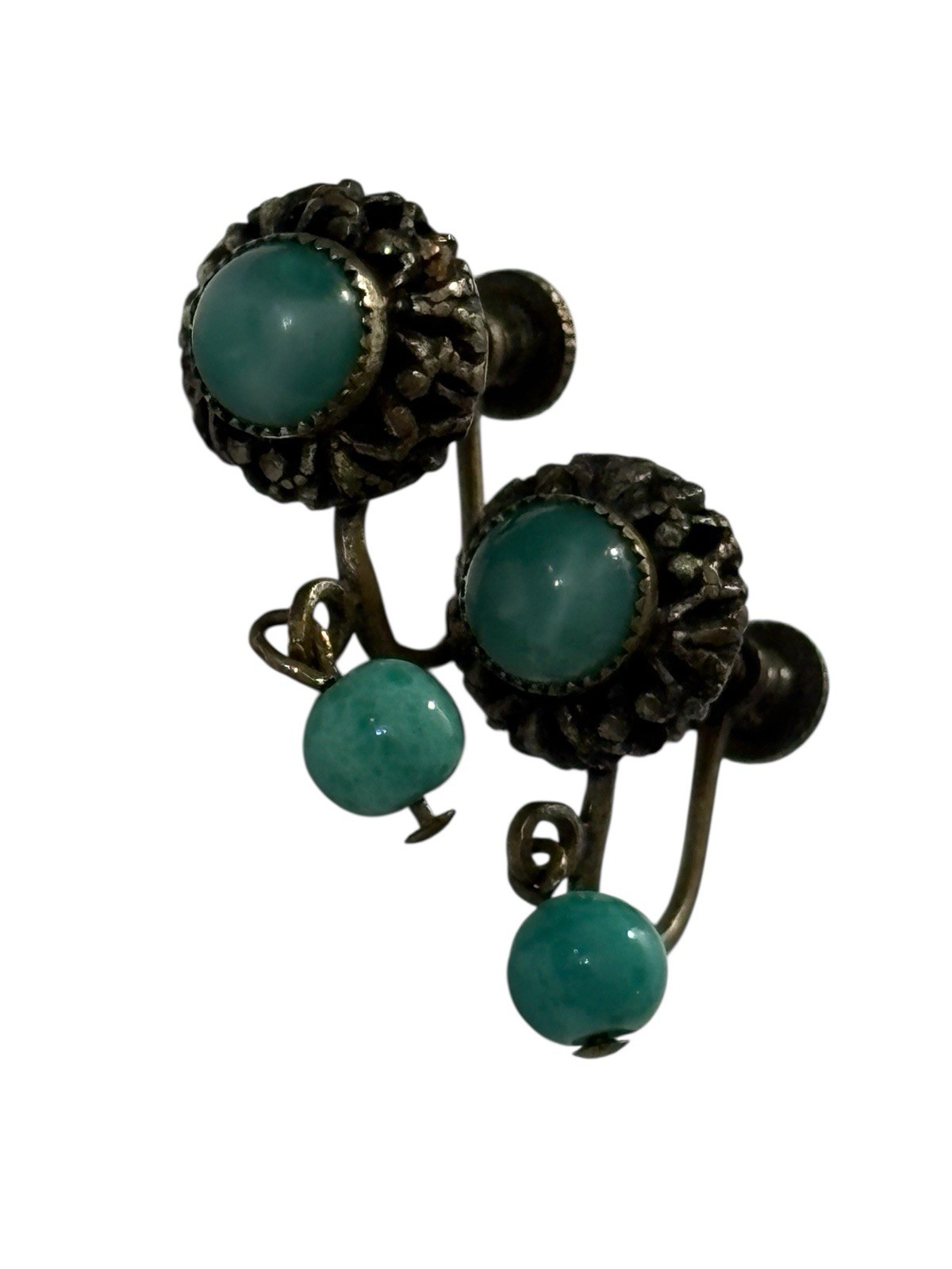 Vintage Marbled Teal Earrings Brass Tone Beaded Plastic Screw Back Dangle MCM