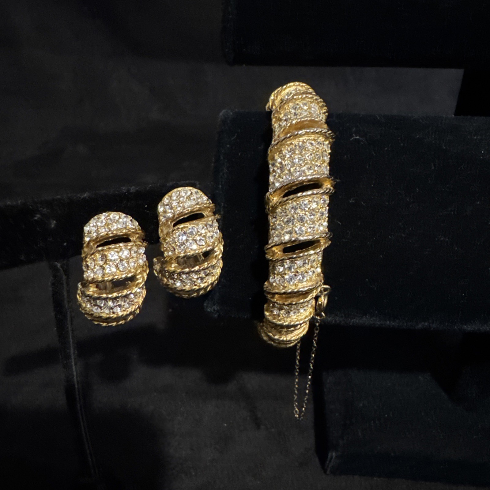 Kramer of New York Vintage Gold Tone Pave Set Rhinestone Bracelet Earring Set
