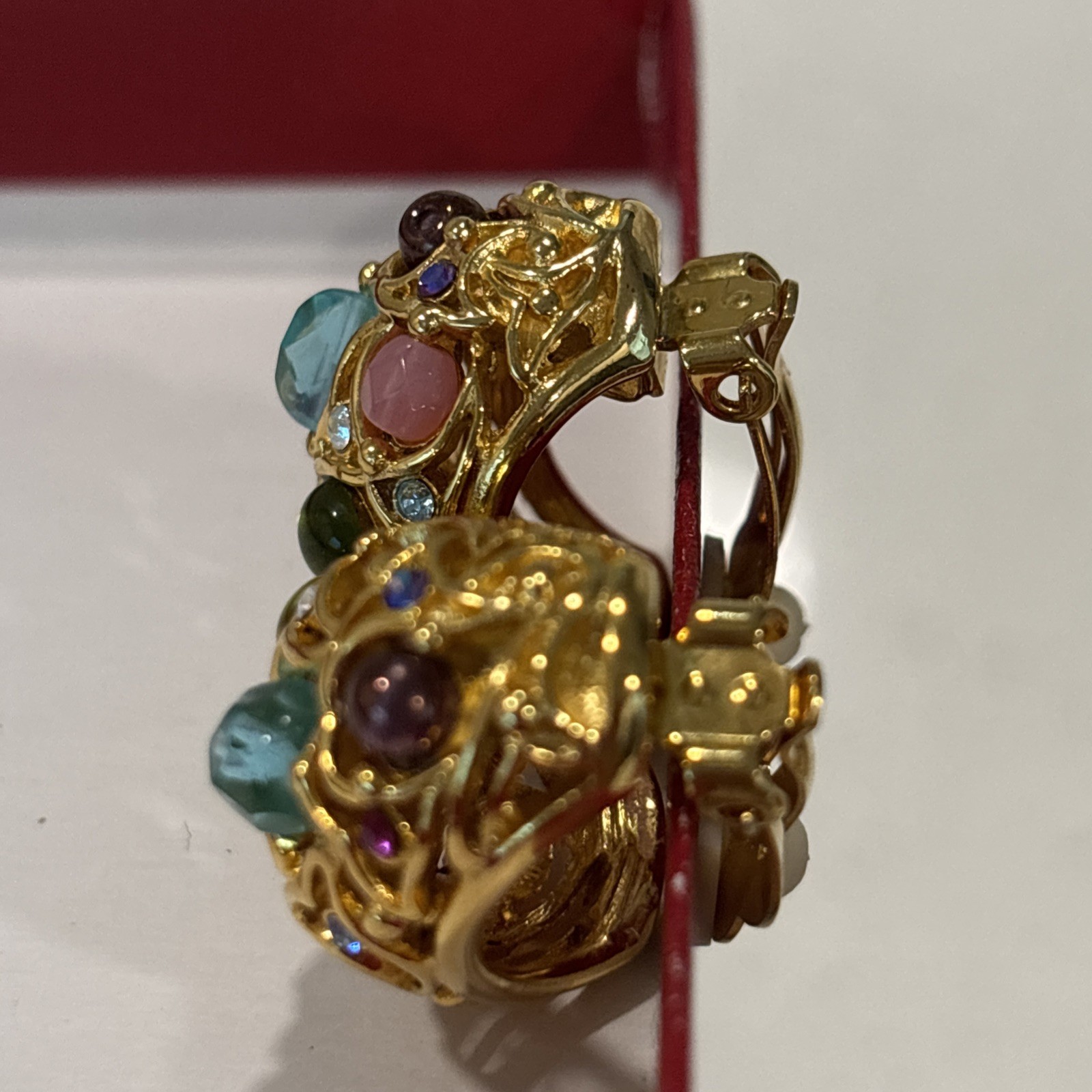 Vintage Joan Rivers Rhinestone Gripoix Glass Beaded Gold tone Hoop Clip Earrings