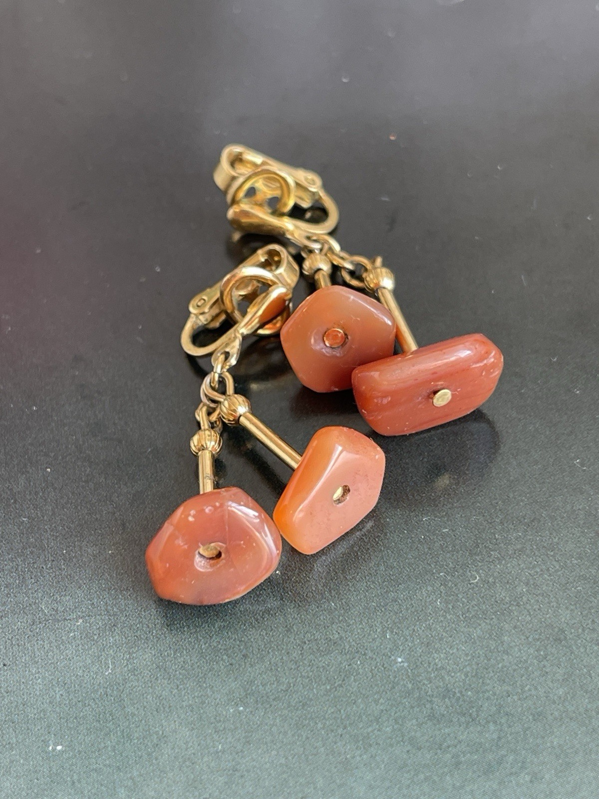 Vintage signed Trifari red bead dangle slip-on earrings gold tone